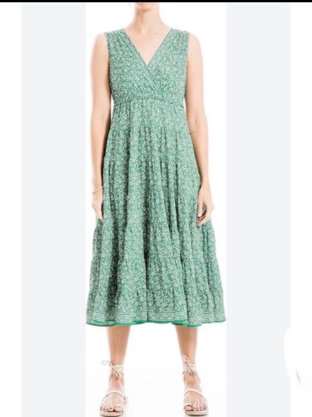Max Studio Midi Dress Sz M Floral Green V-Neck Wrap Bust Sleeveless  Stretch NWT
